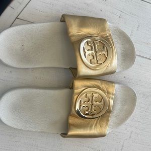 Tory Burch gold slides